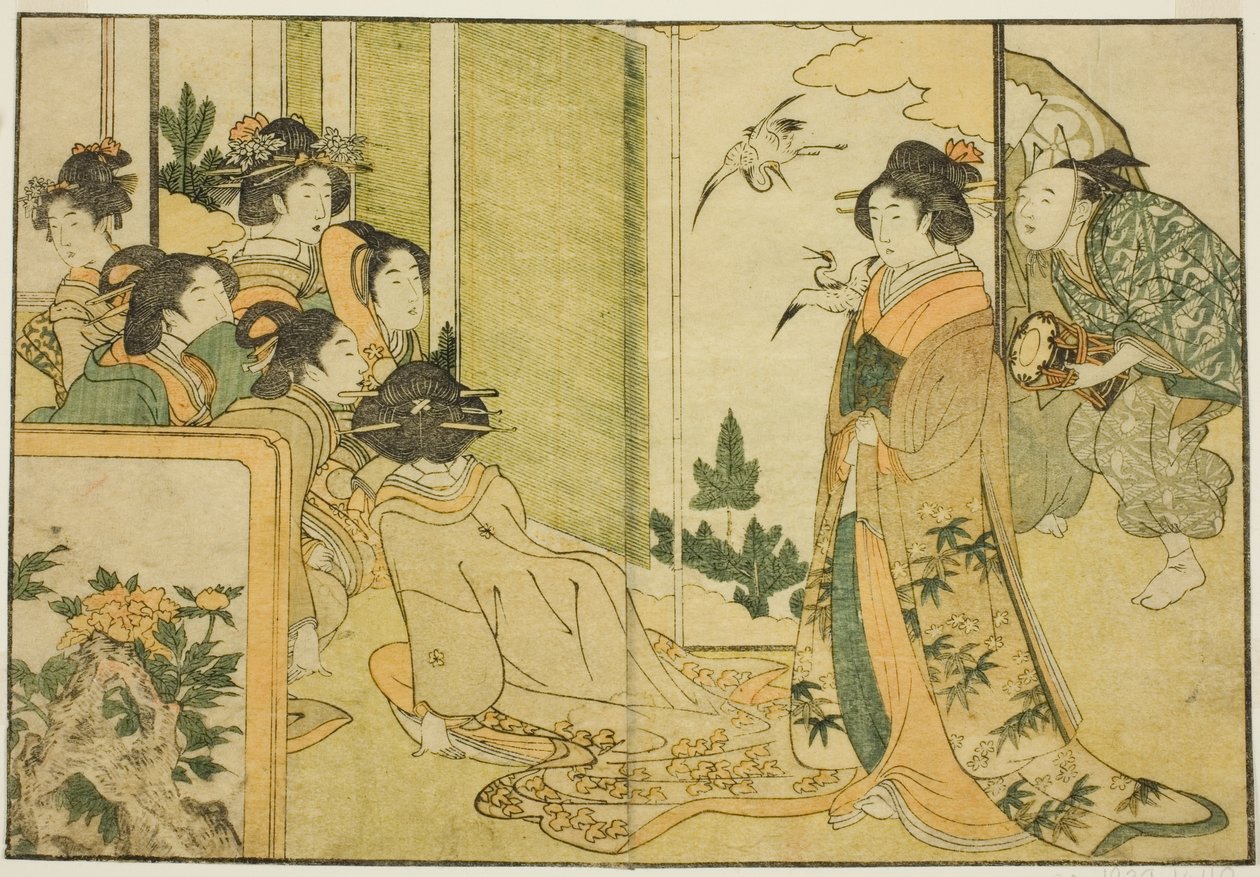 Actuación manzai de Año Nuevo en la mansión de un señor feudal, del libro ilustrado "Picture Book: Flores de las cuatro estaciones (Ehon shiki no hana)", vol. 1 de Kitagawa Utamaro