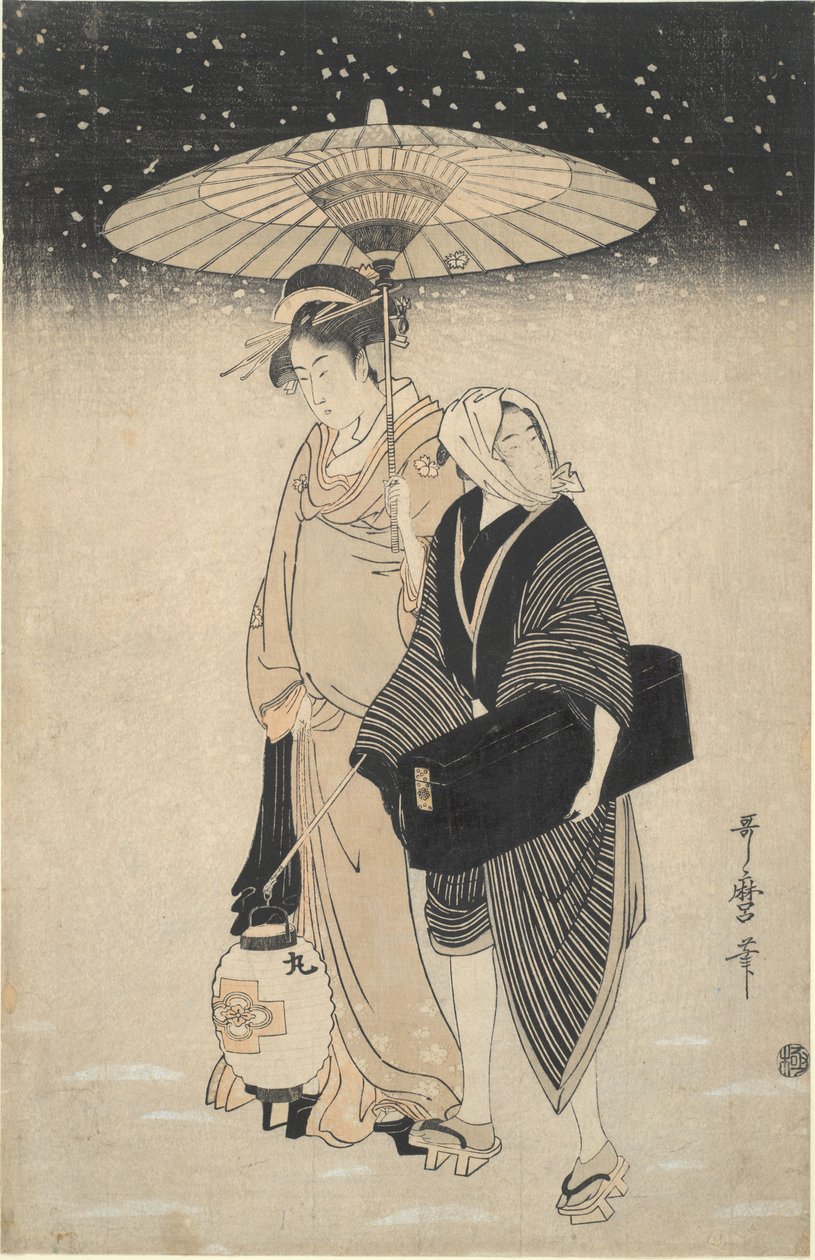 Paseo nocturno por la nieve de Kitagawa Utamaro