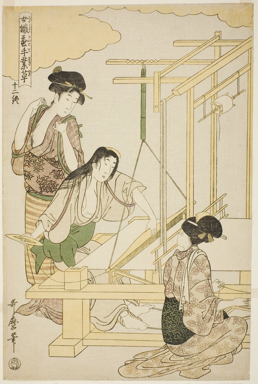 No. 12 (juni), de la serie "Mujeres Comprometidas en la Industria de la Sericultura" de Kitagawa Utamaro