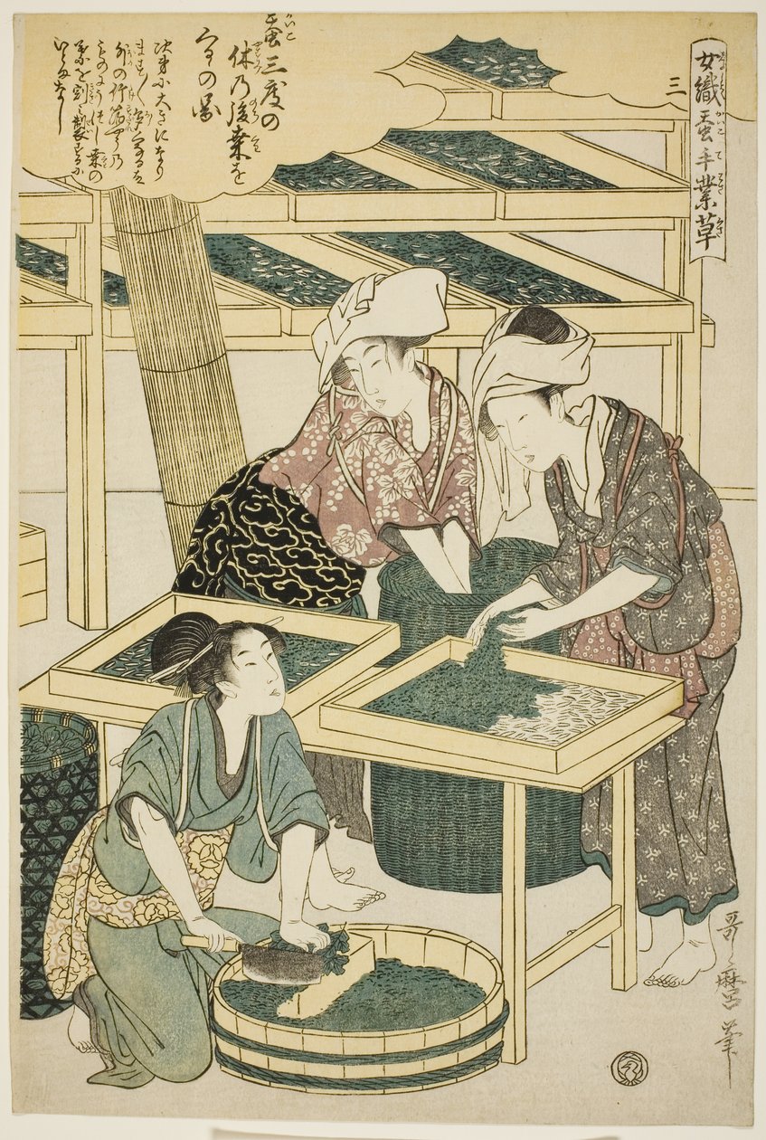 No. 3 (san), de la serie "Mujeres dedicadas a la industria de la sericultura (Joshoku kaiko tewaza-gusa)" de Kitagawa Utamaro