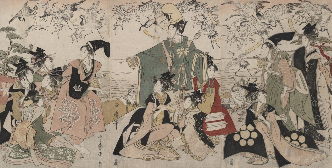 Parodia de «Yoritomo liberando grullas» (Mitate Yoritomo hōkaku) de Kitagawa Utamaro