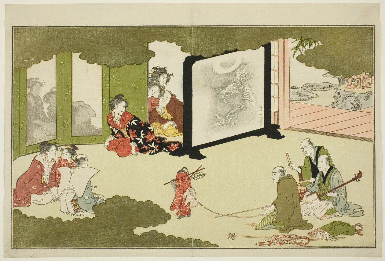 Actuación de un mono entrenado, de una antología de poesía ilustrada titulada "El joven dios Ebisu (Waka Ebisu)" de Kitagawa Utamaro