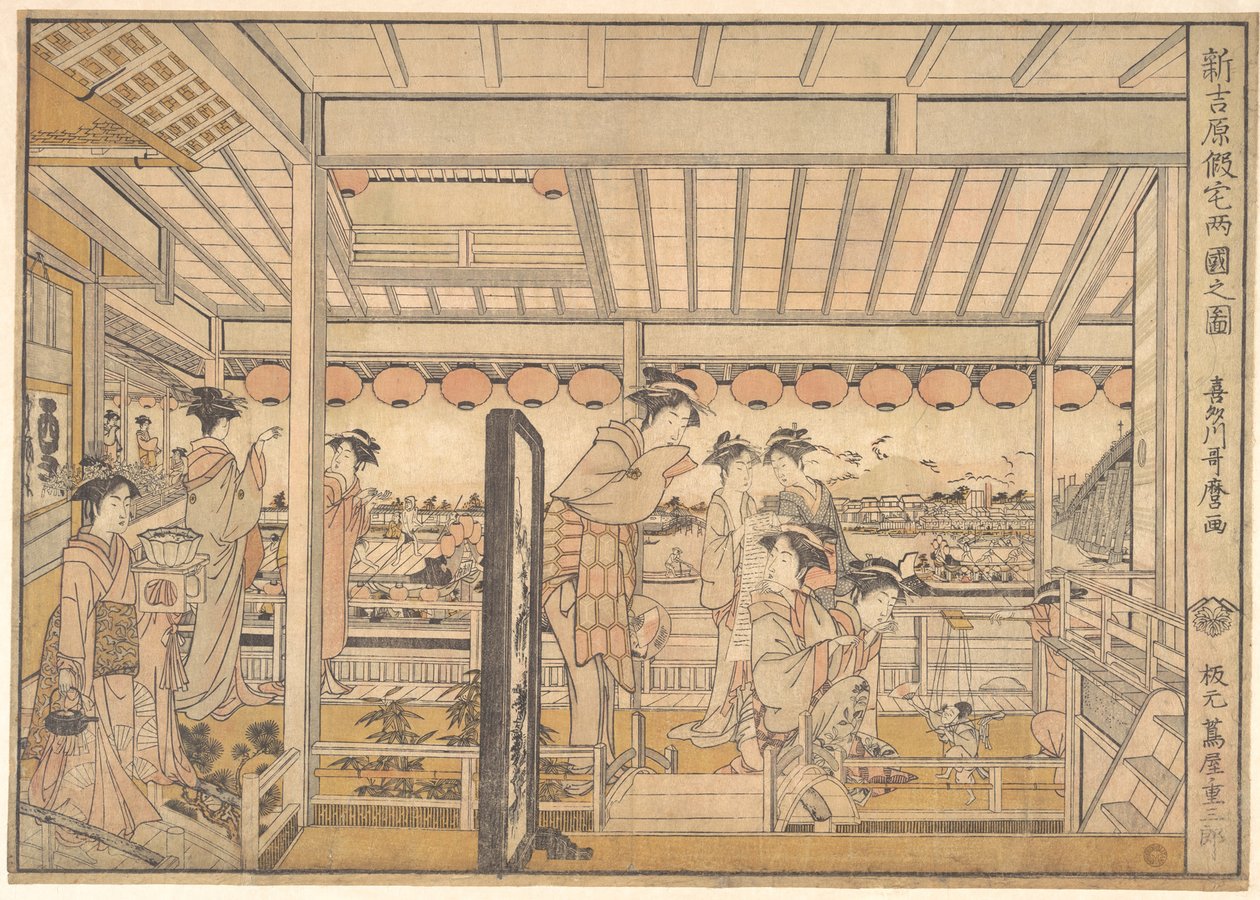 Imagen de los alojamientos temporales del nuevo barrio de placer de Yoshiwara en Ryōgoku  (Shin Yoshiwara Karitaku Ryogoku no zu) de Kitagawa Utamaro