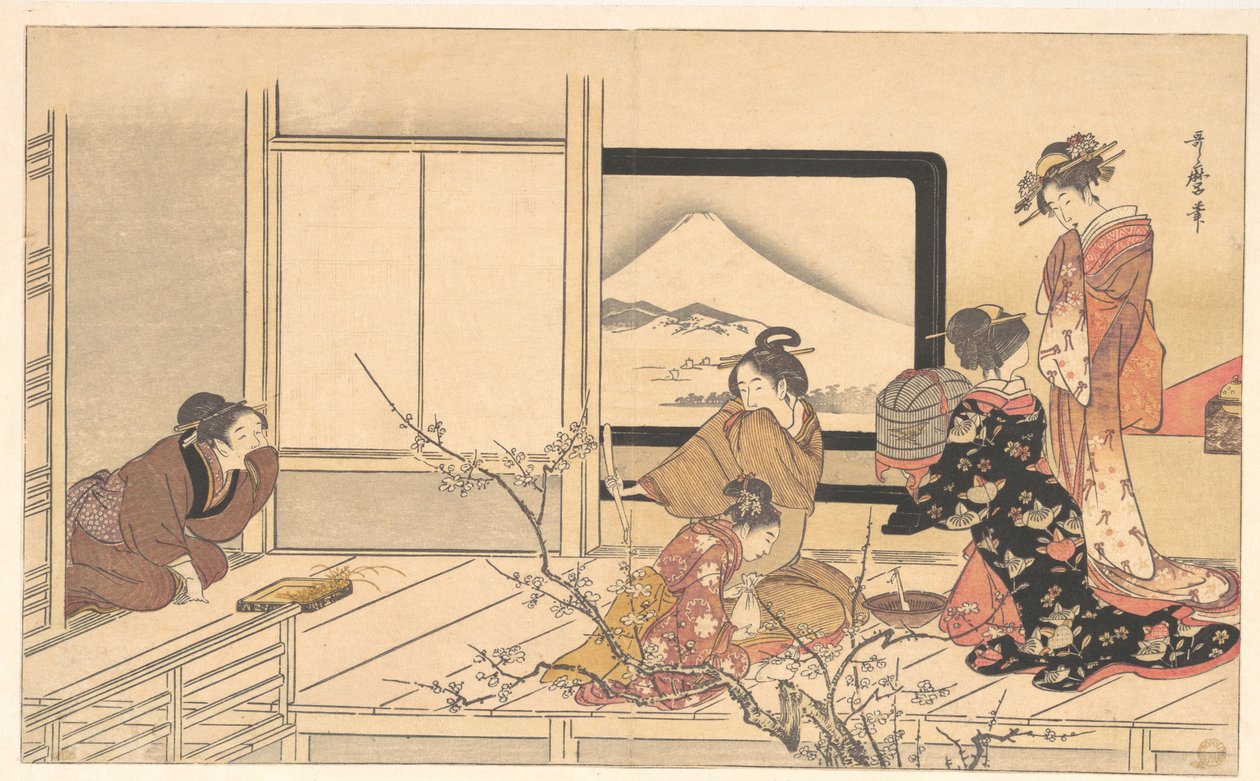 «Preparando comida para la curruca», del álbum Danza masculina con estampación (Otoko dōka, uguisu no esa suri) de Kitagawa Utamaro