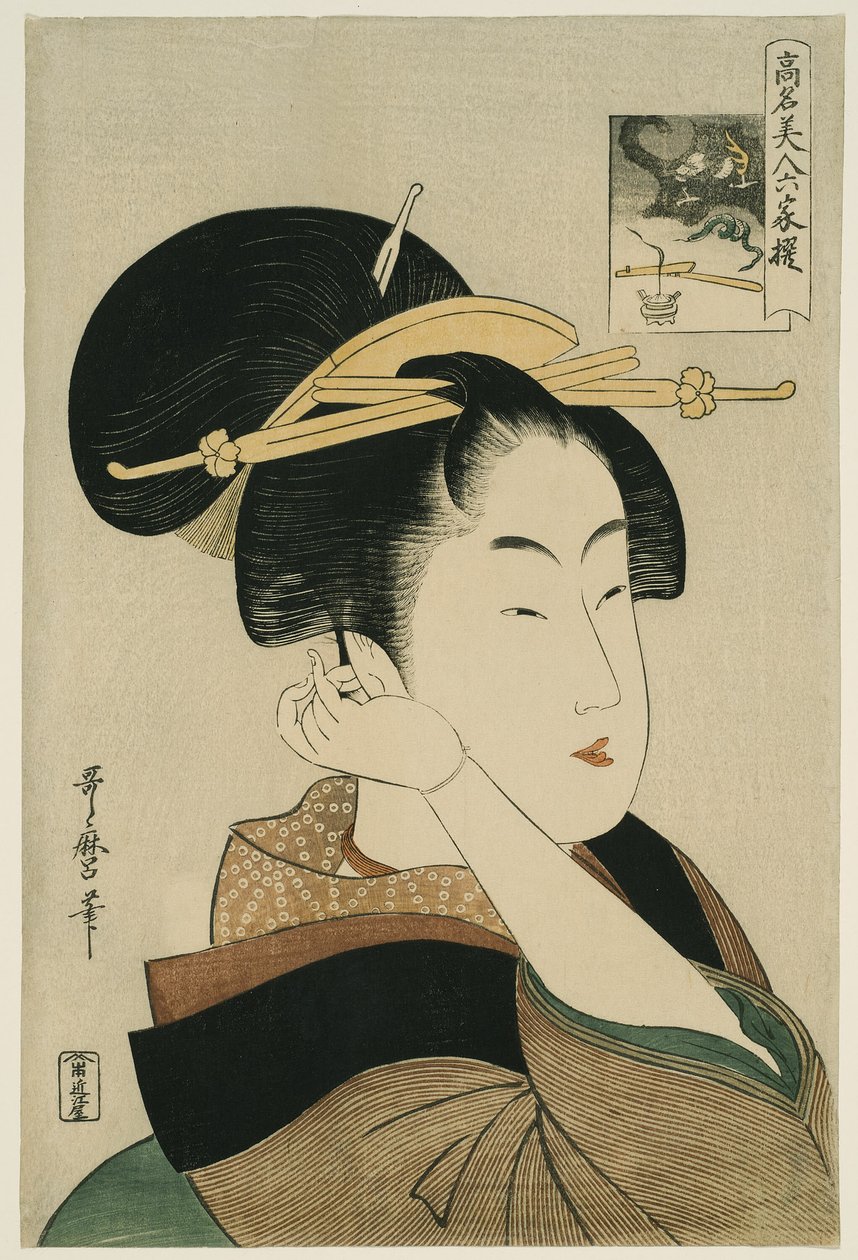 Tatsumi Roko, de la serie "Bellezas Renombradas Comparadas con los Seis Poetas Inmortales" de Kitagawa Utamaro