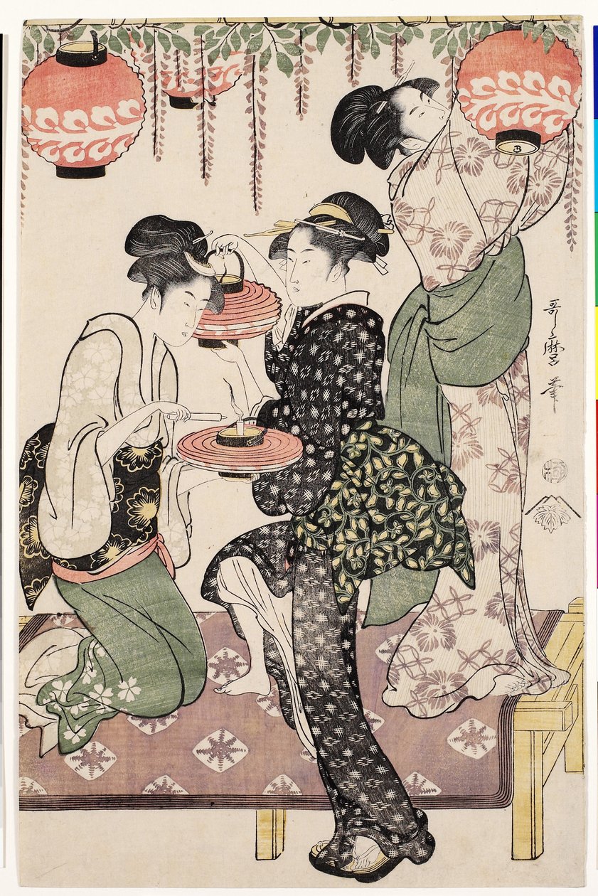 Chicas de la casa de té bajo un emparrado de glicinas, 1795 de Kitagawa Utamaro