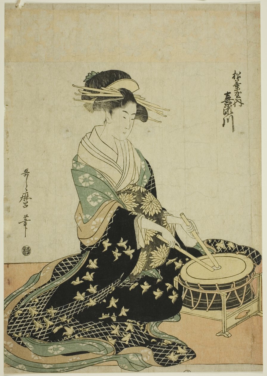 La cortesana Kisegawa de Matsubaya, de una serie sin título de cortesanas de Matsubaya como cinco músicos de Kitagawa Utamaro