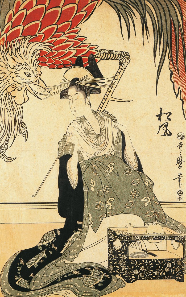 La Oiran Matsuzake con una pipa, xilografía de Kitagawa Utamaro
