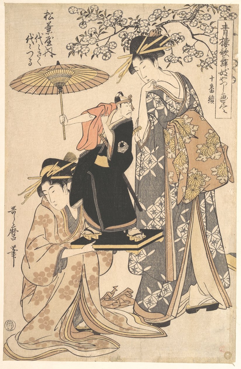 La oiran Yoyogiku de Matsubaya, de pie bajo un cerezo de Kitagawa Utamaro
