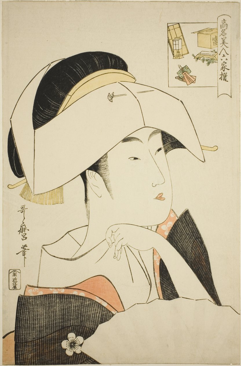 Tomimoto Toyohina, de la serie Bellezas renombradas comparadas con los seis poetas inmortales (Komei bijin rokkasen) (Tomimoto Toyohina) (acertijo pictórico) de Kitagawa Utamaro
