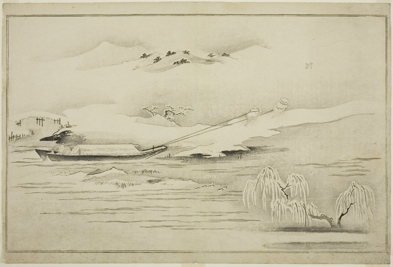 Remolcando una barcaza en la nieve, del álbum El Mundo de Plata, 1790 de Kitagawa Utamaro