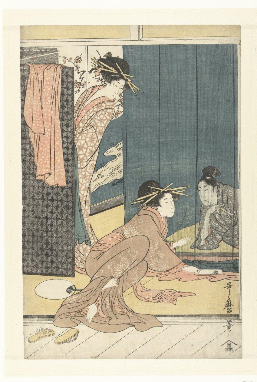 Dos cortesanas y un joven bajo un mosquitero de Kitagawa Utamaro