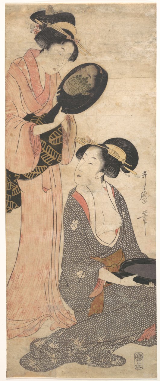 Dos damas, cada una con una parte de un espejo lacado de Kitagawa Utamaro