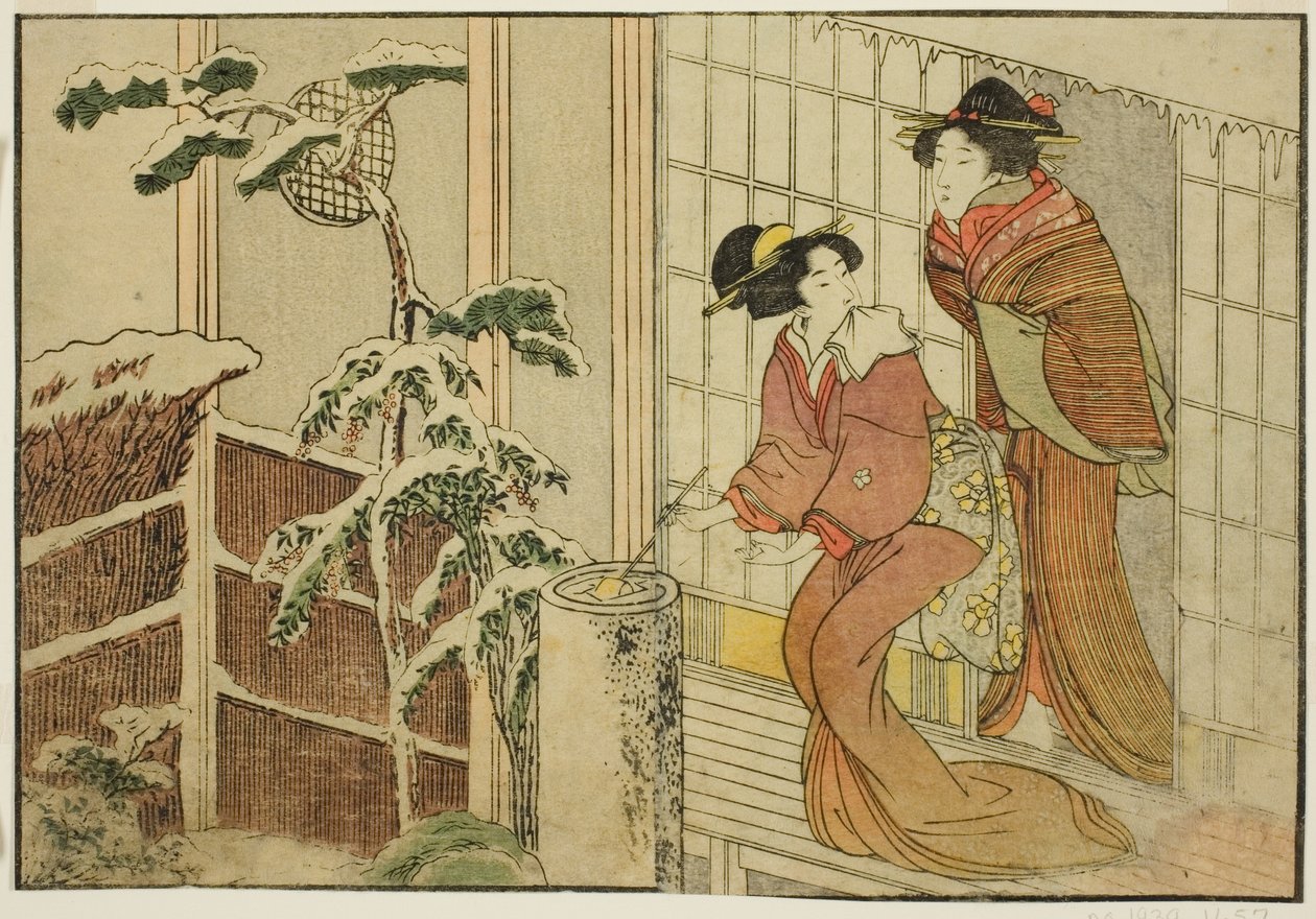 Dos mujeres en la veranda en una mañana nevada, del libro ilustrado "Libro de imágenes: Flores de las cuatro estaciones," vol. 2 de Kitagawa Utamaro