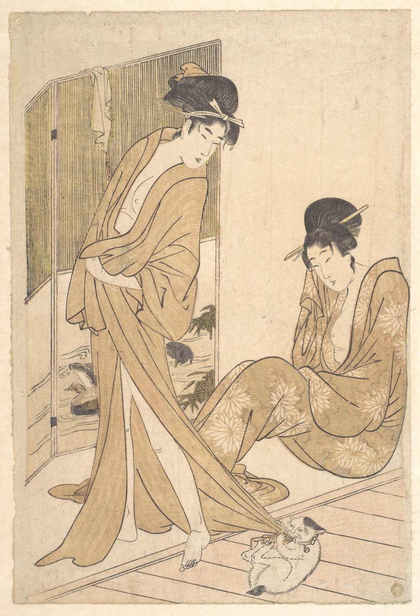 Dos jóvenes envueltas en yukata tras darse un baño de Kitagawa Utamaro