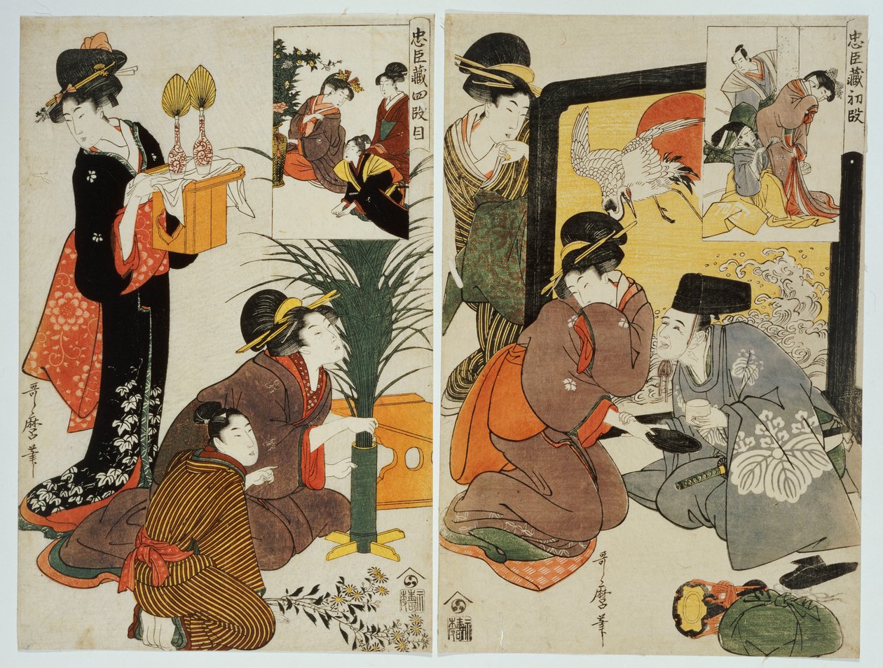 Dos escenas de la serie "Liga Leal" que representan la vida cotidiana de un hogar del período Edo de Kitagawa Utamaro