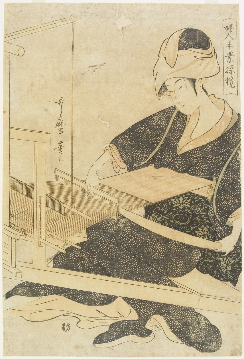 Tejer en un telar de Kitagawa Utamaro