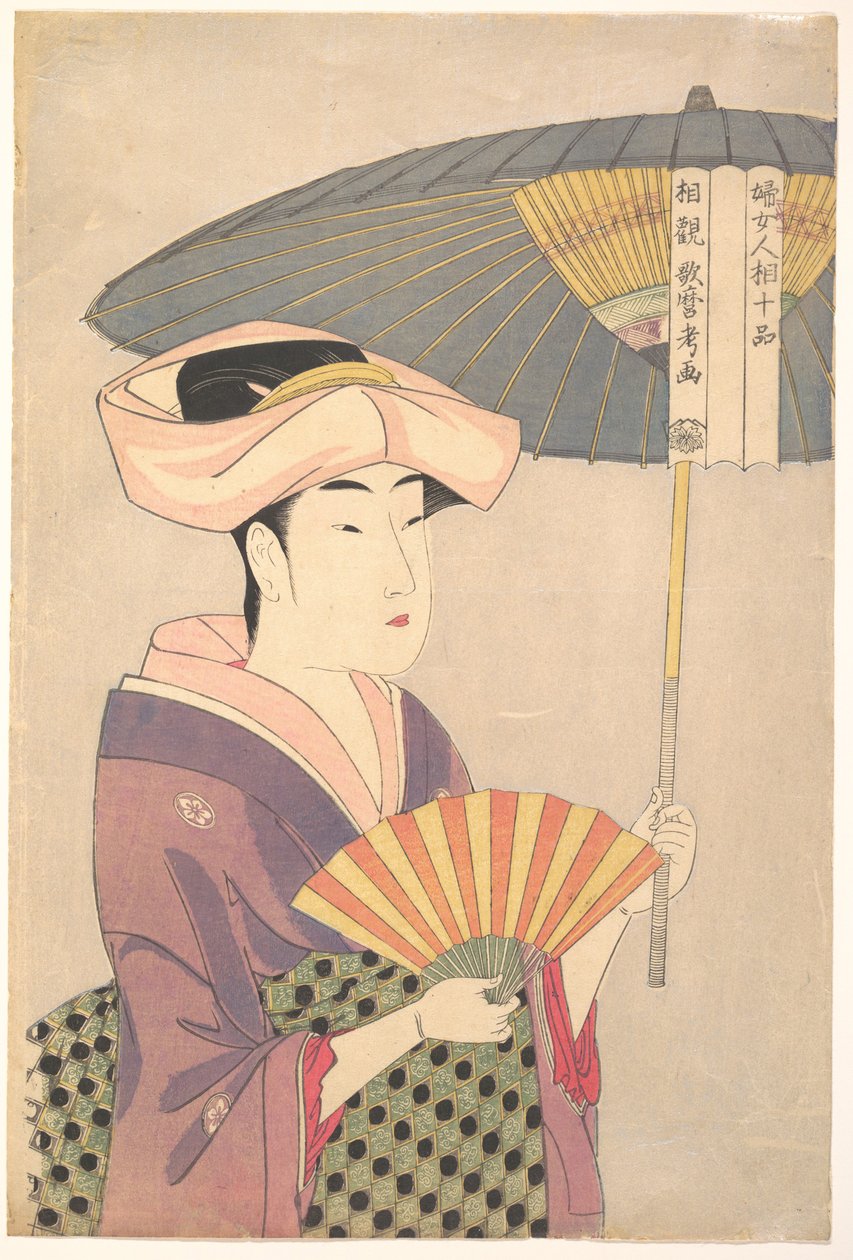 Mujer sosteniendo un parasol, de la serie Diez tipos en el estudio fisionómico de mujeres, c. 1793 de Kitagawa Utamaro