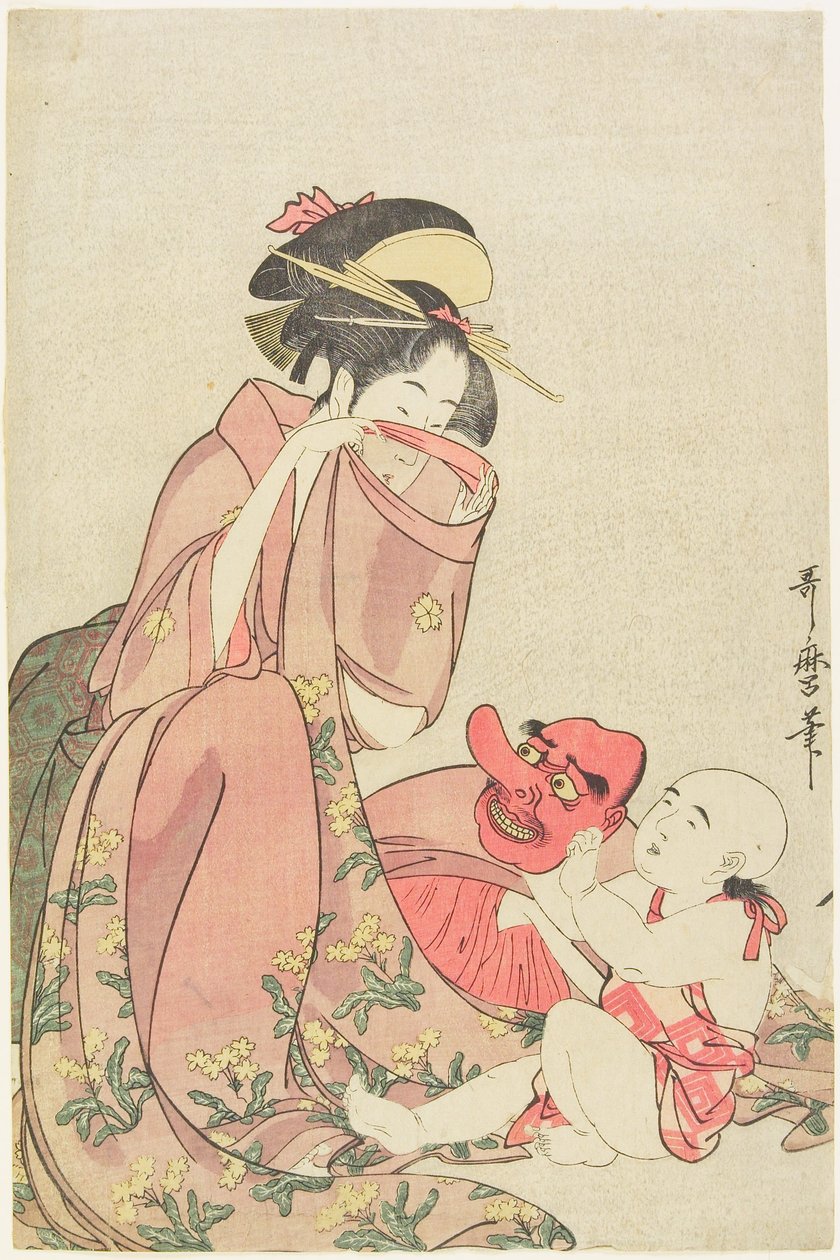 Mujer jugando con un niño que lleva una máscara de tengu de Kitagawa Utamaro