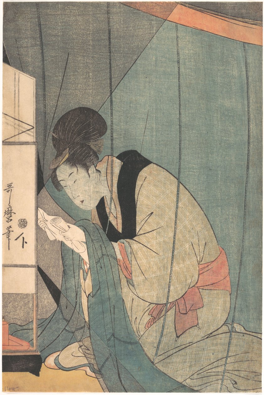 Mujer leyendo una carta bajo un mosquitero de Kitagawa Utamaro
