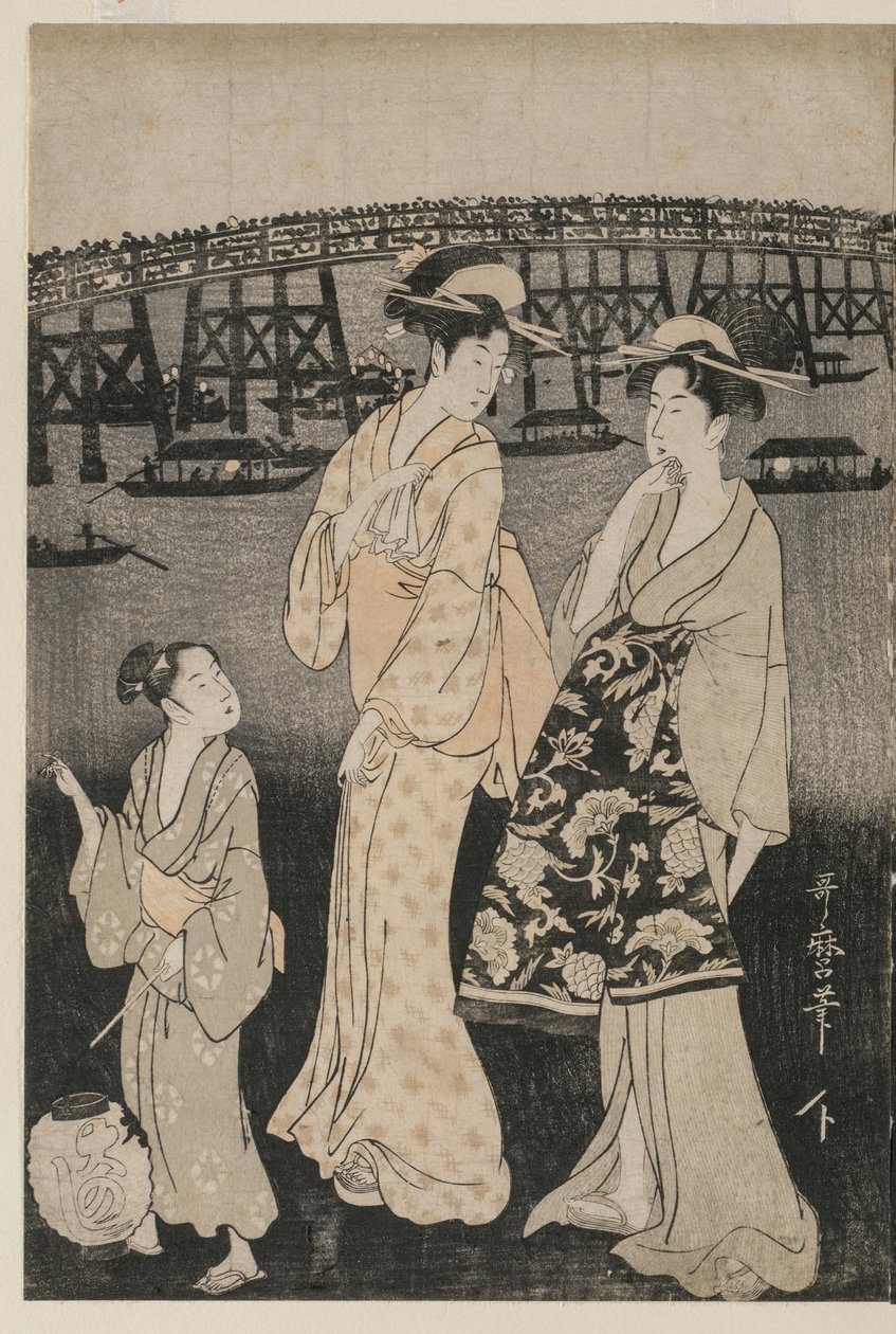 Mujeres Disfrutando del Frescor de la Tarde Cerca del Puente Ryogoku de Kitagawa Utamaro