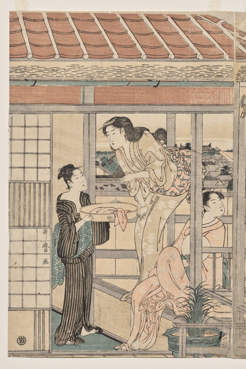 Mujeres colgando ropa para secar en un balcón de Kitagawa Utamaro