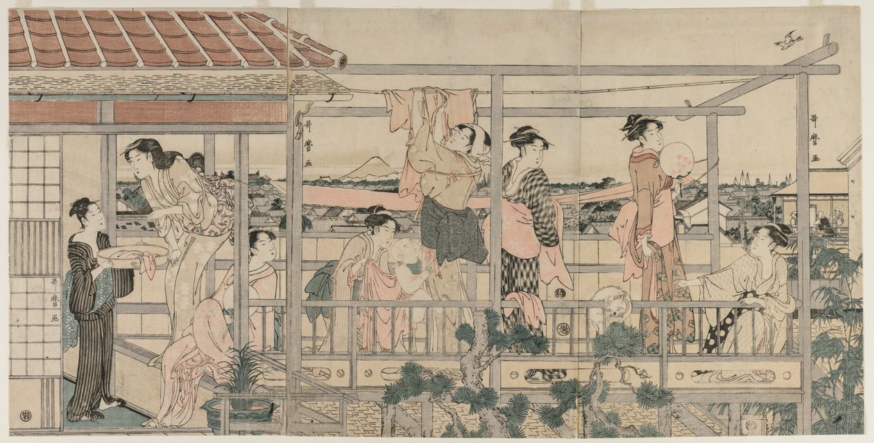 Mujeres colgando ropa para secar en un balcón de Kitagawa Utamaro