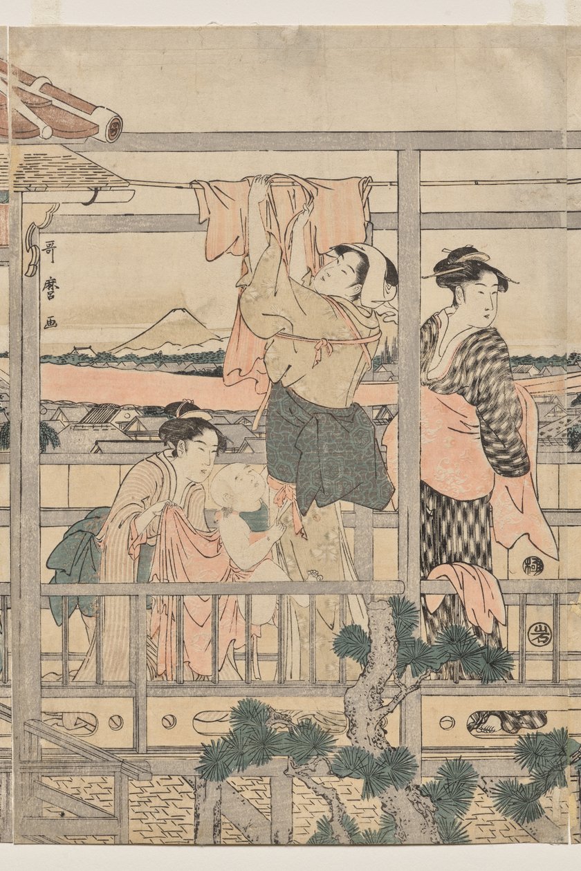 Mujeres colgando ropa para secar en un balcón de Kitagawa Utamaro