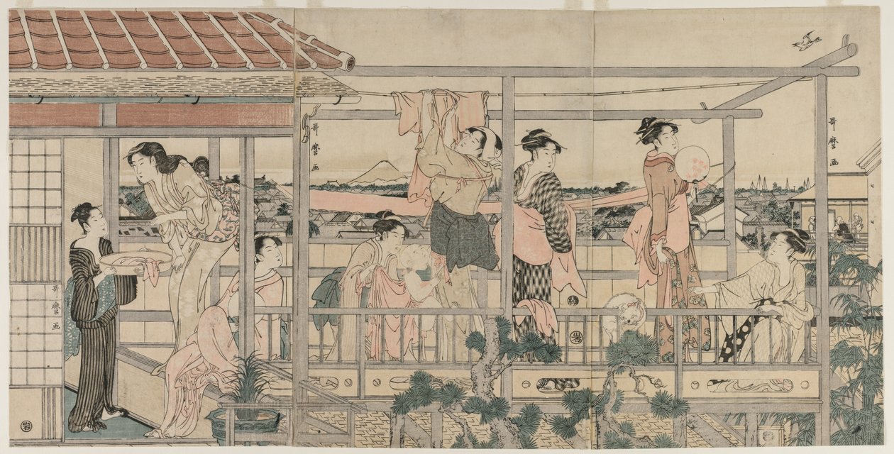 Mujeres colgando ropa para secar en un balcón, principios de la década de 1790 de Kitagawa Utamaro