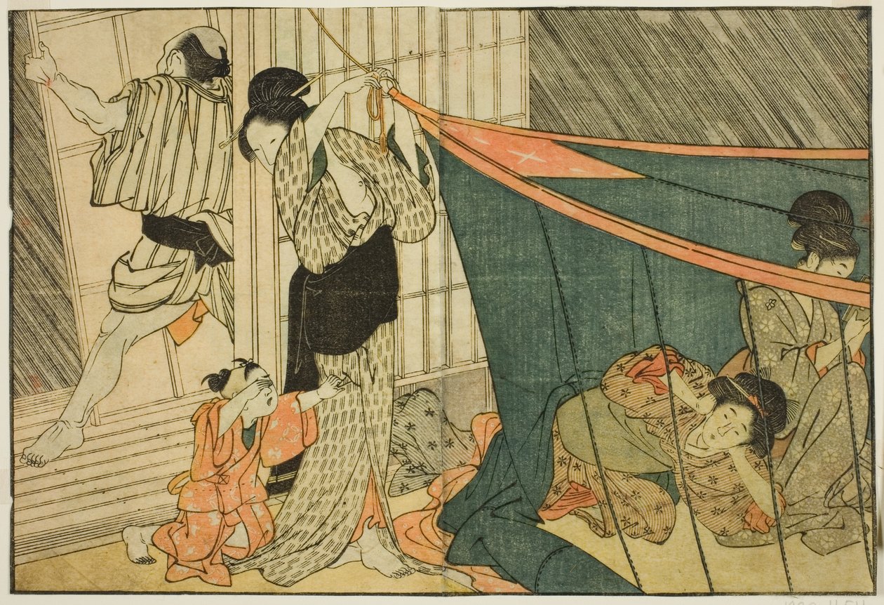 Mujeres dentro de una mosquitera durante una tormenta, del libro ilustrado "Libro de imágenes: Flores de las cuatro estaciones (Ehon shiki no hana)," vol. 1 de Kitagawa Utamaro