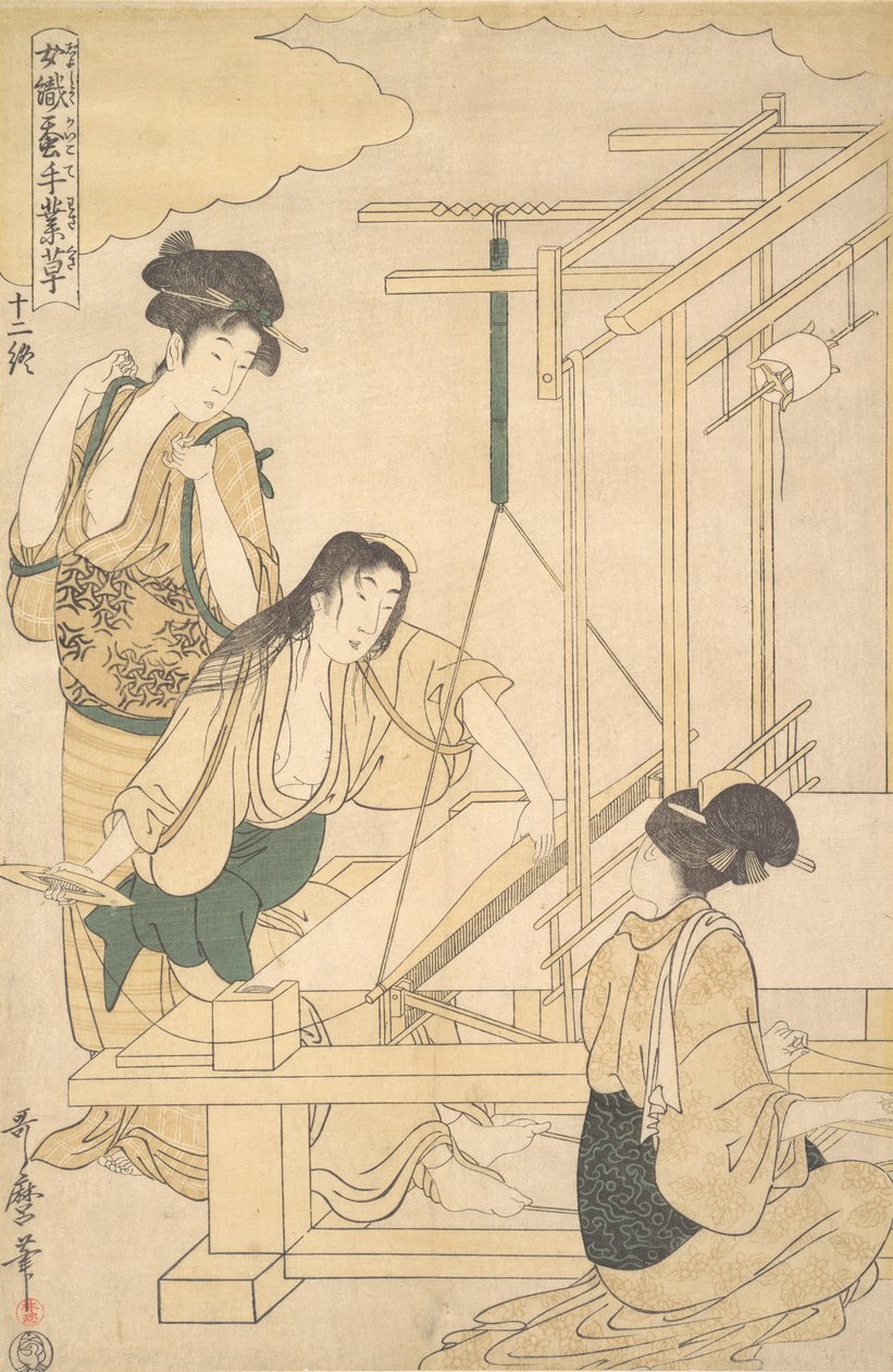 Mujeres tejiendo tela de seda de Kitagawa Utamaro