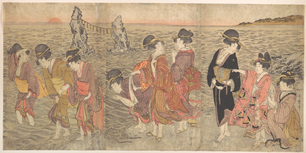 Mujeres adorando el sol naciente entre las rocas gemelas de Ise de Kitagawa Utamaro