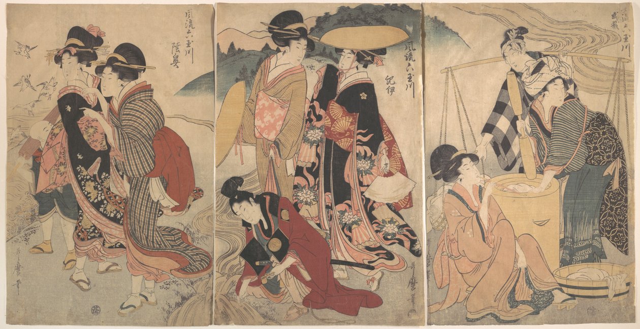 Mujeres y un hombre en el campo; algún desfile(?) de Kitagawa Utamaro