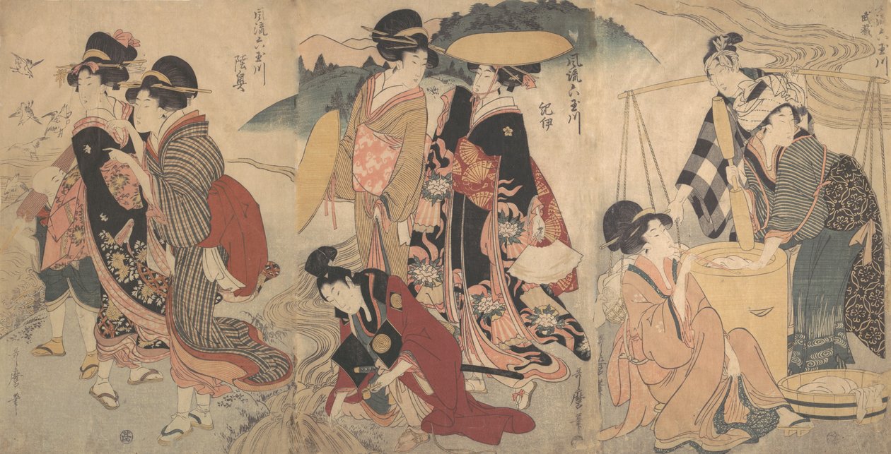 Mujeres y un hombre en el campo, algún desfile de Kitagawa Utamaro