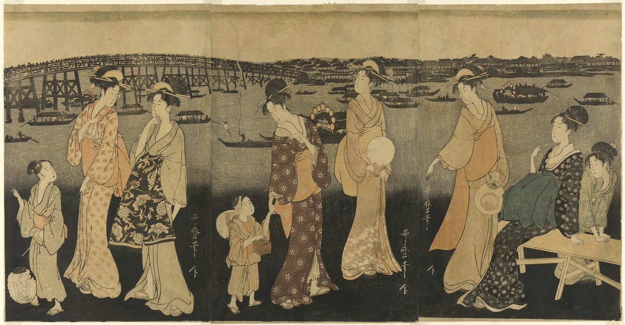 Mujeres viendo fuegos artificiales en el río Sumida de Kitagawa Utamaro
