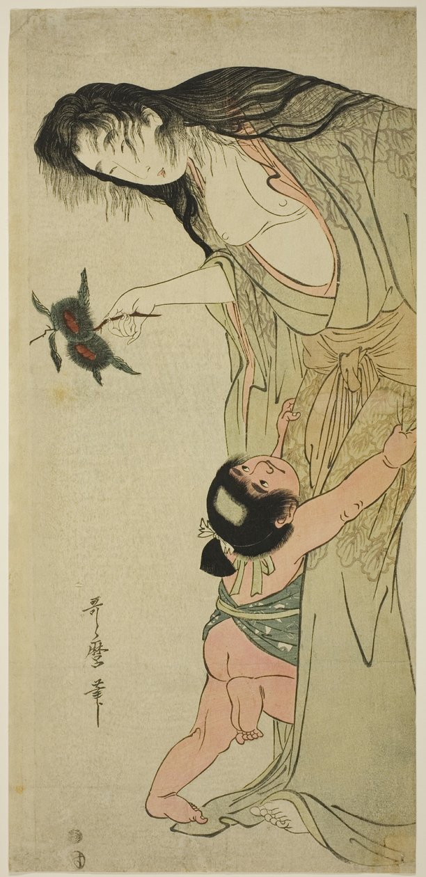 Yamauba sosteniendo castañas mientras Kintaro las alcanza de Kitagawa Utamaro