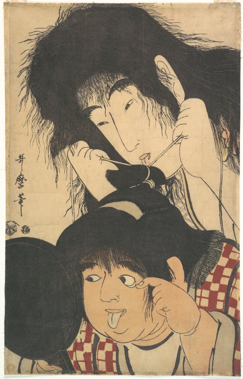 Yamauba atando el moño de Kintarō de Kitagawa Utamaro