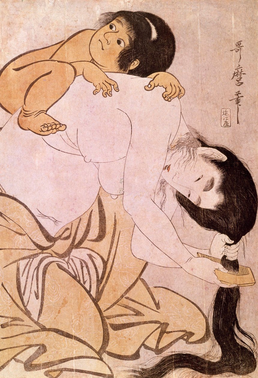 Yamauba y Kintoki La madre se peina mientras lleva a su hijo en la espalda de Kitagawa Utamaro