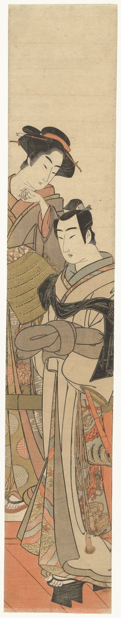 Una mujer con un joven disfrazado Jonge man conoció a rieten hoed en dame de Kitao Masanobu (attributed to)