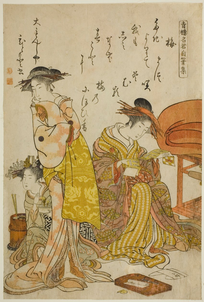 La cortesana Hitomoto del Daimonjiya, del álbum "Comparando nuevas bellezas de Yoshiwara - Un espejo de sus propios escritos (Keisei shin bijin awase jikihitsu kagami)" de Kitao Masanobu