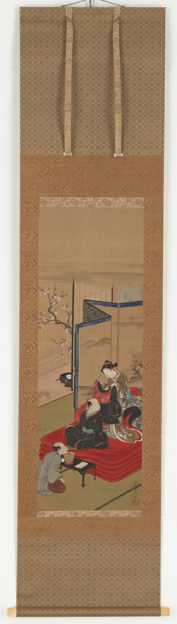 Una cortesana ayudando a un hombre a vestirse, período Edo, mediados del siglo XVIII-principios del siglo XIX de Kitao Shigemasa