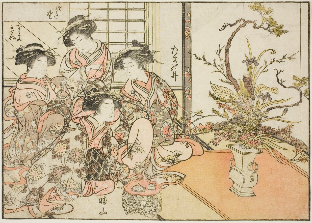 Cortesanas de Yotsumaya, del libro "Espejo de Mujeres Hermosas de los Barrios del Placer (Seiro bijin awase sugata kagami)," vol. 2 de Kitao Shigemasa
