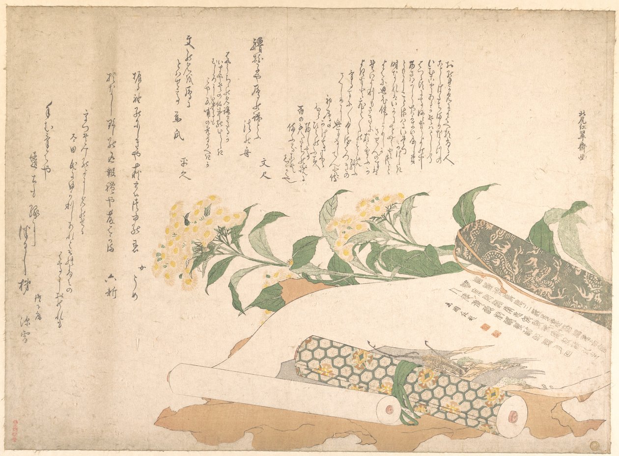 Margaritas y dos makimono de Kitao Shigemasa