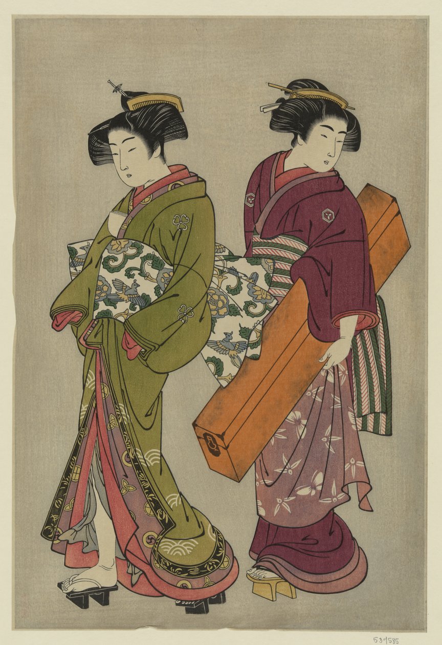 Kitao Shigemasa (1777) Geisha y sirvienta llevando su caja de shamisen de Kitao Shigemasa
