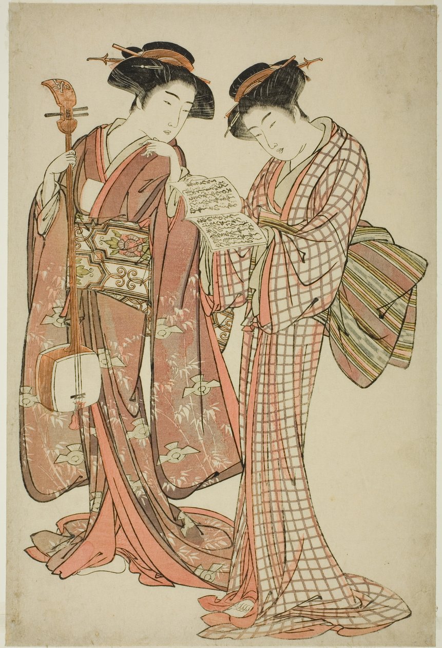 Dos geishas sosteniendo un shamisen y un libro de canciones de Kitao Shigemasa
