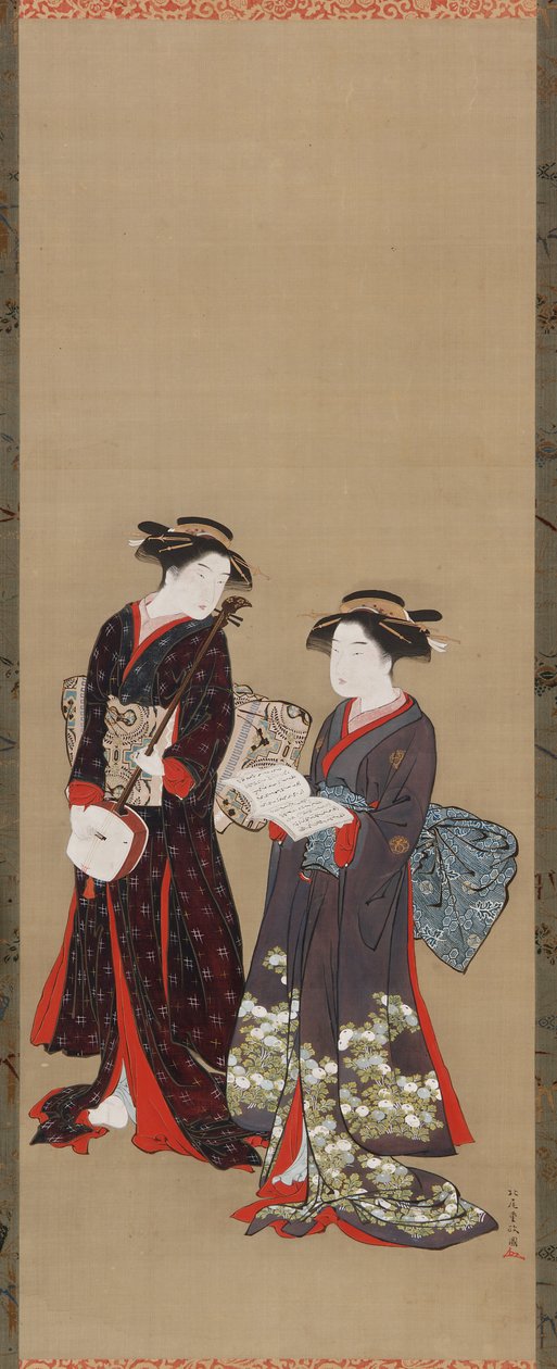 Dos niñas de pie, una sosteniendo un libro abierto, 1615-1868 de Kitao Shigemasa