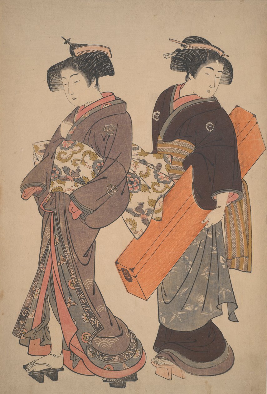 Mujer con su doncella camino a un compromiso de Kitao Shigemasa