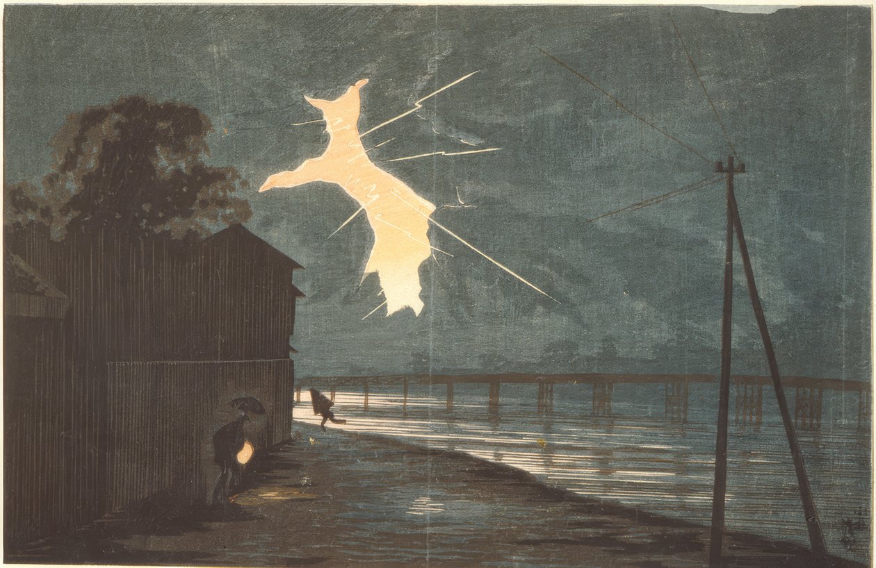 Trueno y relámpago sobre el puente Onmaya de Kiyochika Kobayashi