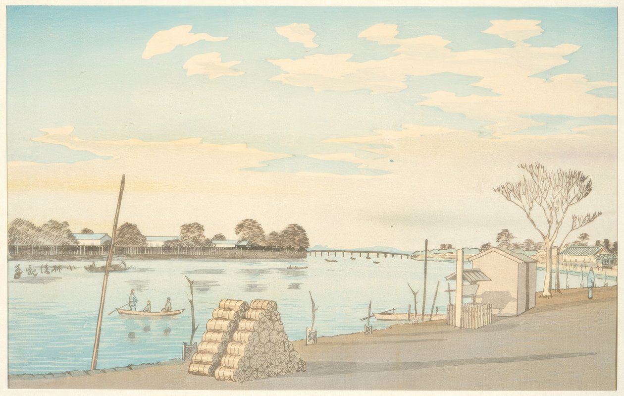 Ferry con vista al monte Fuji, el río Okawa de Kiyochika Kobayashi