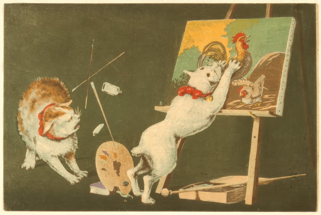 Gatos y lienzo de Kiyochika Kobayashi